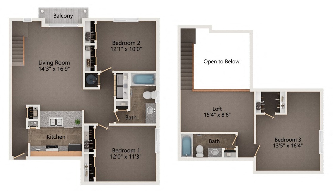 Floor plan for 3 beds, 2 baths, 1393 sqft